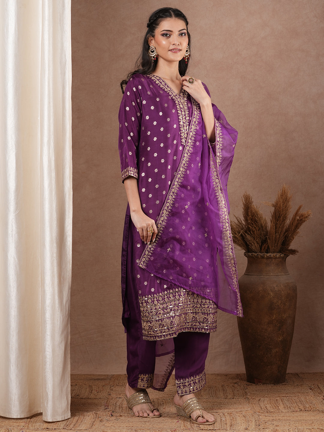 Solid Ethnic Woven & Embroidered Straight Kurta with Pant & Dupatta - Purple