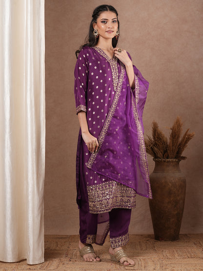 Solid Ethnic Woven & Embroidered Straight Kurta with Pant & Dupatta - Purple