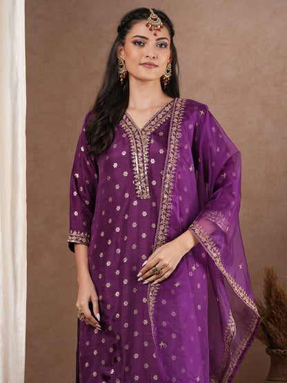 Solid Ethnic Woven & Embroidered Straight Kurta with Pant & Dupatta - Purple