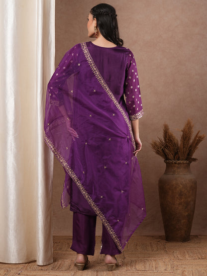 Solid Ethnic Woven & Embroidered Straight Kurta with Pant & Dupatta - Purple