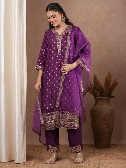 Solid Ethnic Woven & Embroidered Straight Kurta with Pant & Dupatta - Purple