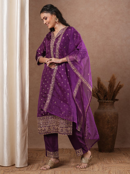 Solid Ethnic Woven & Embroidered Straight Kurta with Pant & Dupatta - Purple