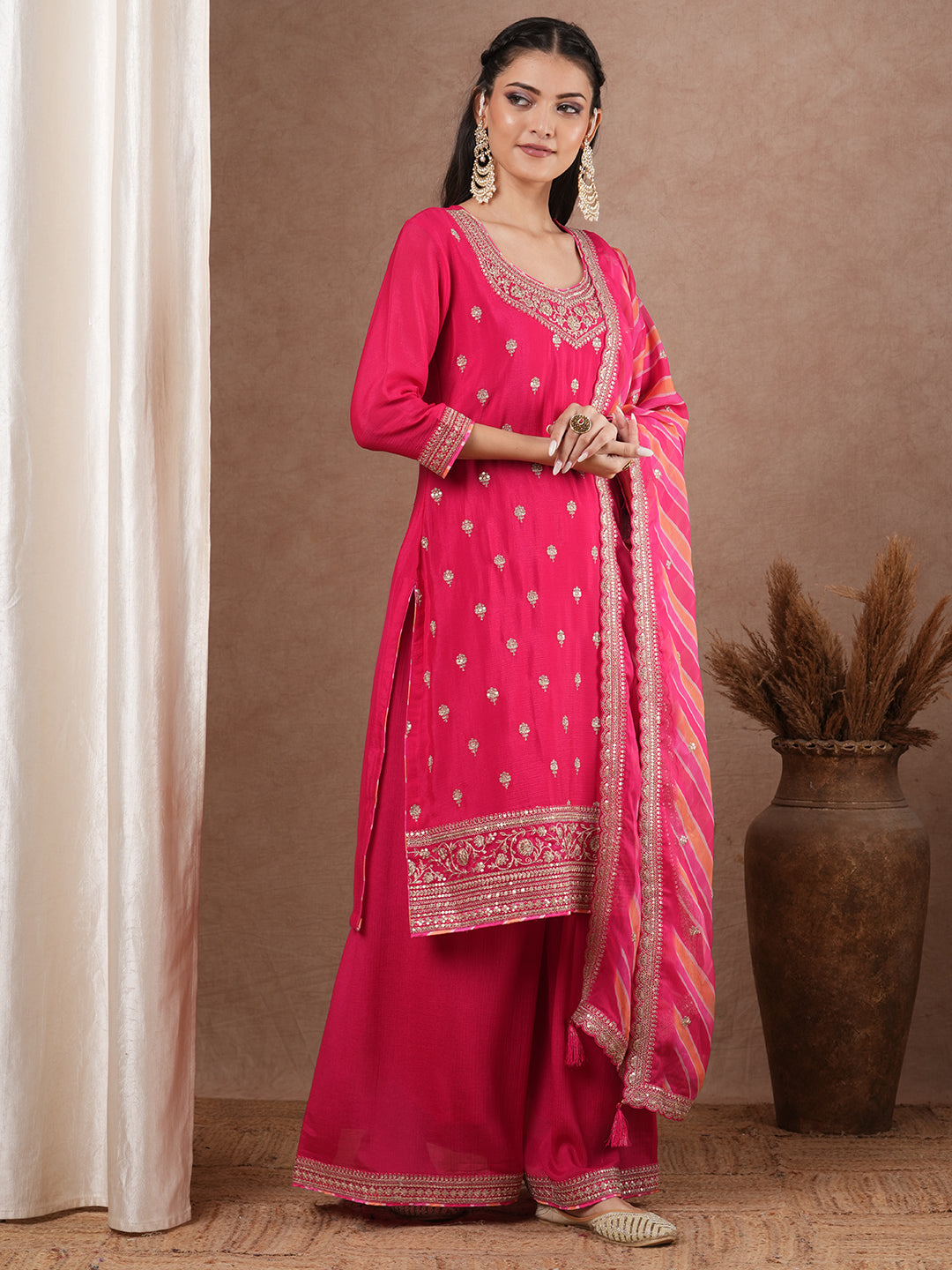 Ethnic Zari Embroidered Straight Kurta with Flared Palazzo & Leheriya Dupatta - Pink