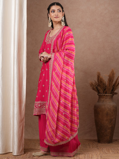 Ethnic Zari Embroidered Straight Kurta with Flared Palazzo & Leheriya Dupatta - Pink