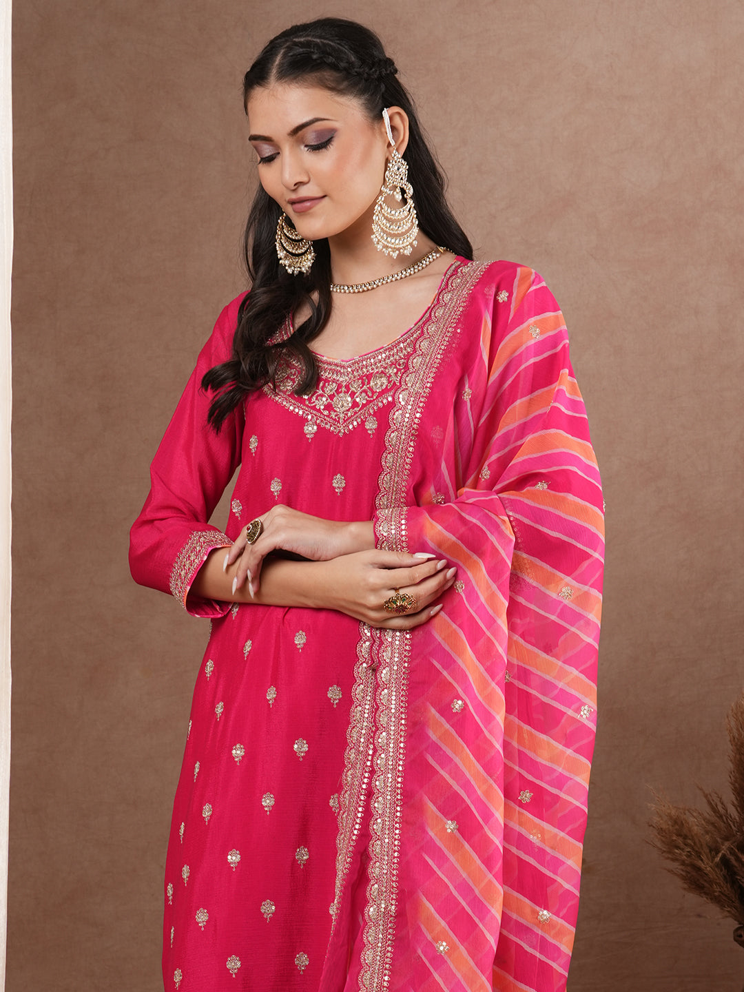 Ethnic Zari Embroidered Straight Kurta with Flared Palazzo & Leheriya Dupatta - Pink