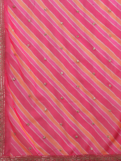 Ethnic Zari Embroidered Straight Kurta with Flared Palazzo & Leheriya Dupatta - Pink
