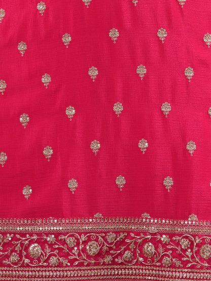 Ethnic Zari Embroidered Straight Kurta with Flared Palazzo & Leheriya Dupatta - Pink