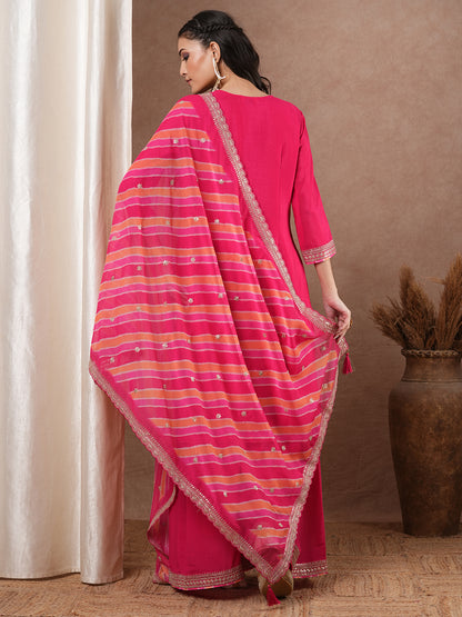 Ethnic Zari Embroidered Straight Kurta with Flared Palazzo & Leheriya Dupatta - Pink