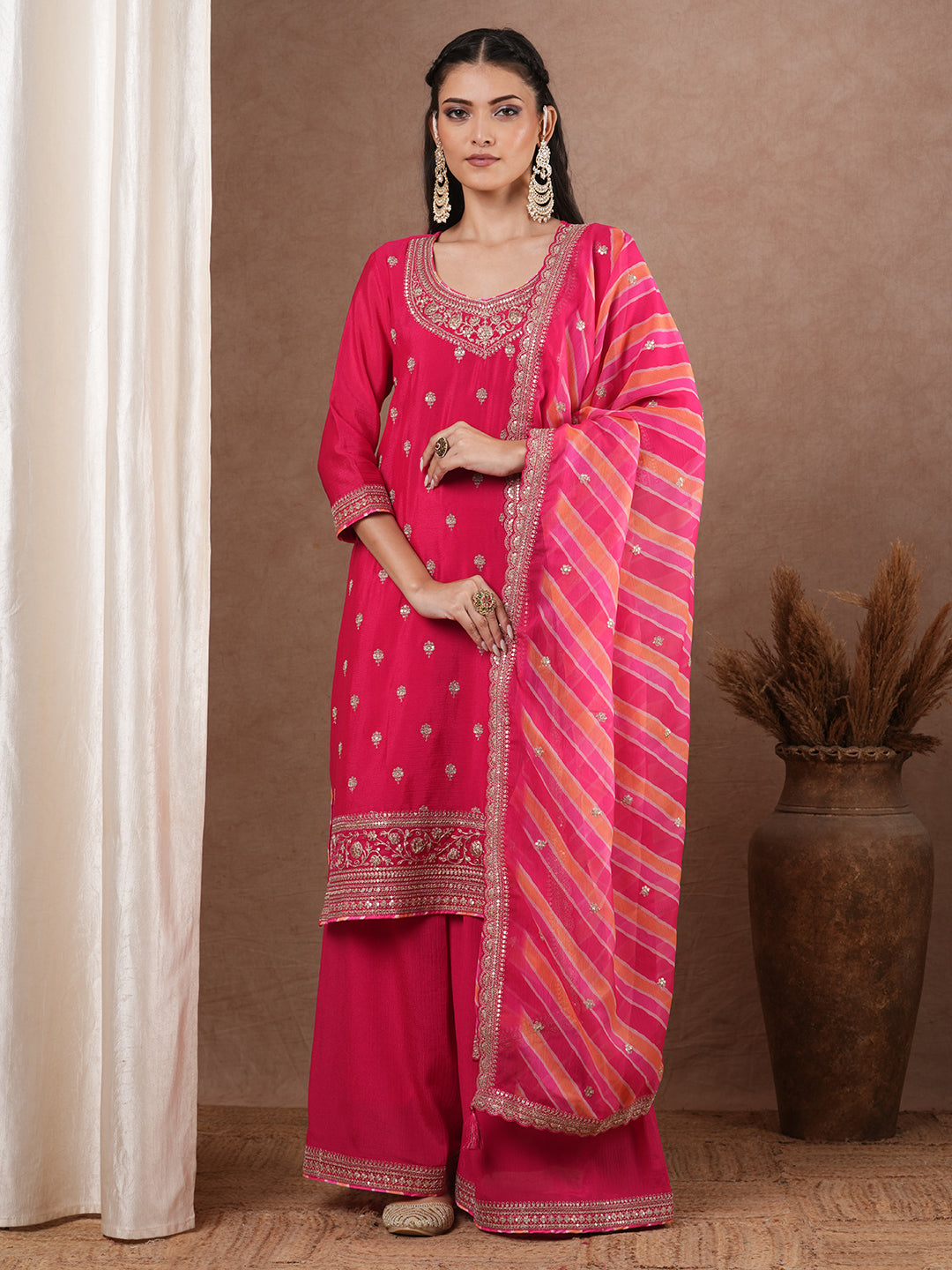 Ethnic Zari Embroidered Straight Kurta with Flared Palazzo & Leheriya Dupatta - Pink