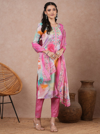 Ethnic Floral Printed & Embroidered Straight Kurta with Pant and Dupatta - Multi