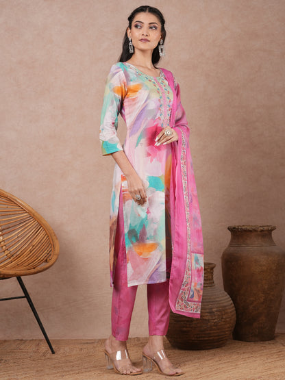 Ethnic Floral Printed & Embroidered Straight Kurta with Pant and Dupatta - Multi