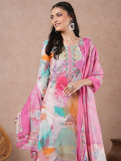 Ethnic Floral Printed & Embroidered Straight Kurta with Pant and Dupatta - Multi