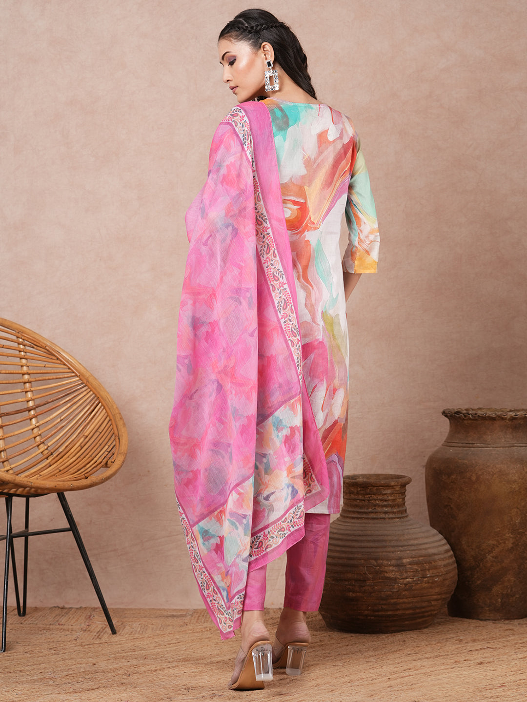 Ethnic Floral Printed & Embroidered Straight Kurta with Pant and Dupatta - Multi