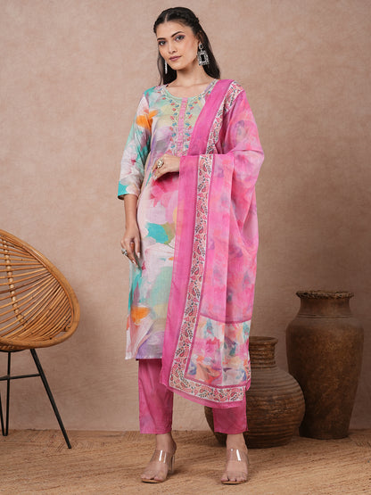 Ethnic Floral Printed & Embroidered Straight Kurta with Pant and Dupatta - Multi