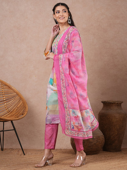 Ethnic Floral Printed & Embroidered Straight Kurta with Pant and Dupatta - Multi