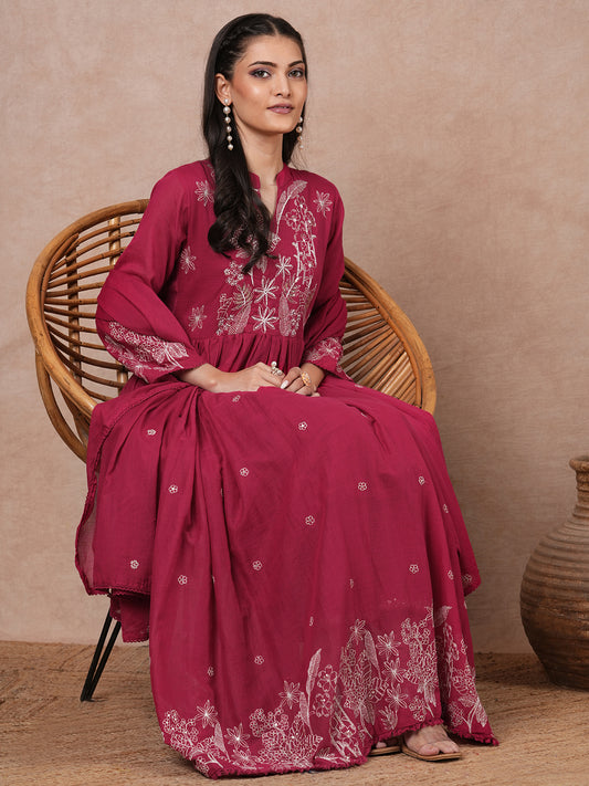 Solid Floral Embroidered A-Line Pleated Kurta with Pant & Dupatta - Pink