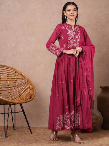 Solid Floral Embroidered A-Line Pleated Kurta with Pant & Dupatta - Pink