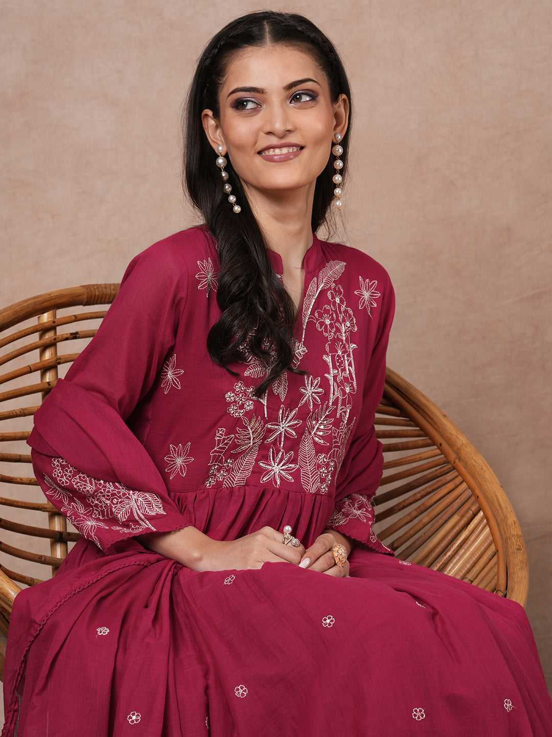 Solid Floral Embroidered A-Line Pleated Kurta with Pant & Dupatta - Pink