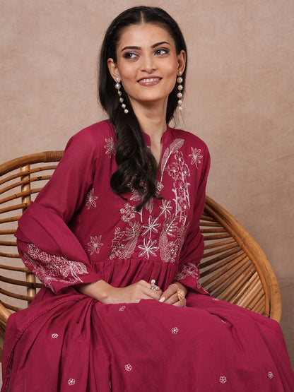 Solid Floral Embroidered A-Line Pleated Kurta with Pant & Dupatta - Pink