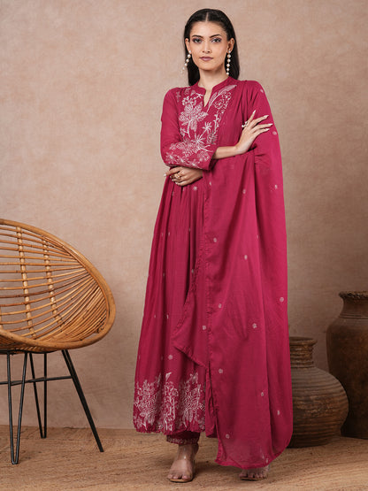 Solid Floral Embroidered A-Line Pleated Kurta with Pant & Dupatta - Pink