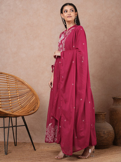 Solid Floral Embroidered A-Line Pleated Kurta with Pant & Dupatta - Pink