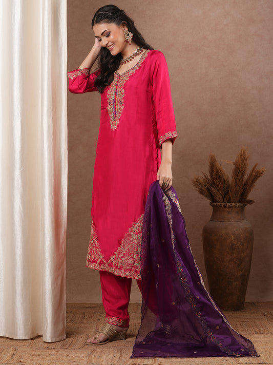 Solid Floral Embroidered Straight Fit Kurta with Pant and Dupatta - Pink