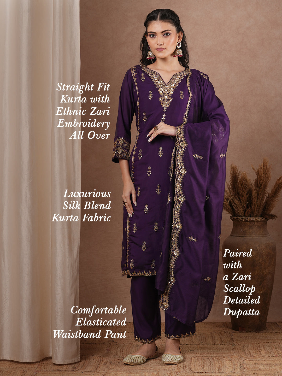 Solid Ethnic Zari Embroidered Straight Kurta with Salwar & Dupatta - Purple