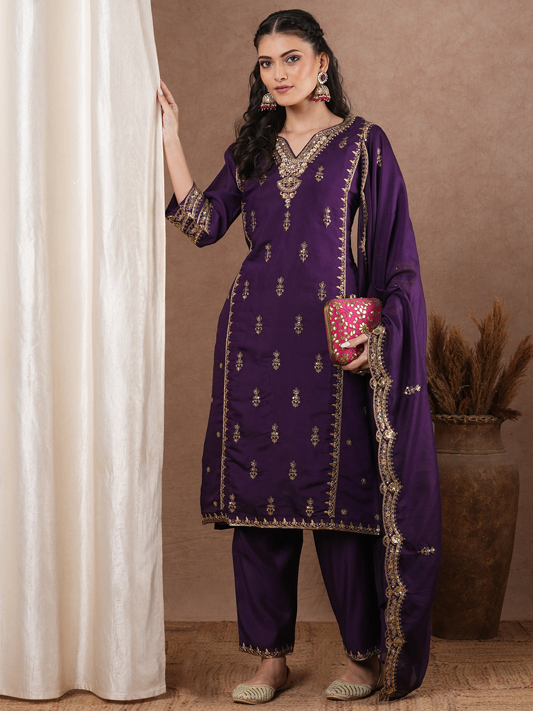 Solid Ethnic Zari Embroidered Straight Kurta with Salwar & Dupatta - Purple