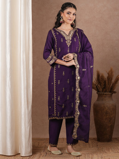 Solid Ethnic Zari Embroidered Straight Kurta with Salwar & Dupatta - Purple