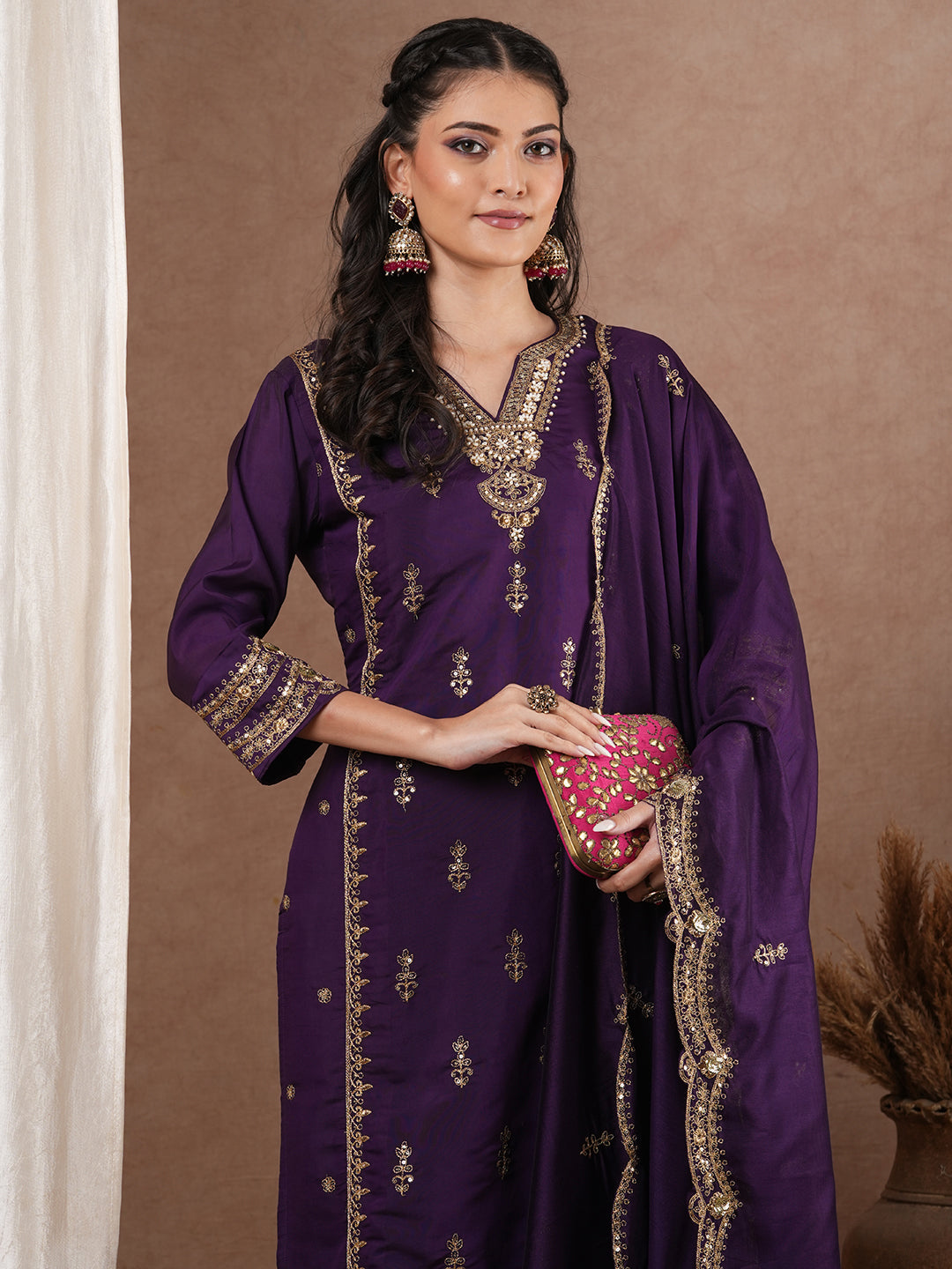 Solid Ethnic Zari Embroidered Straight Kurta with Salwar & Dupatta - Purple