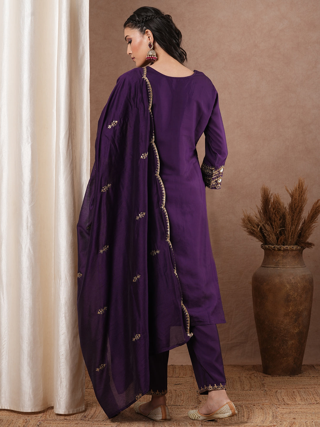 Solid Ethnic Zari Embroidered Straight Kurta with Salwar & Dupatta - Purple