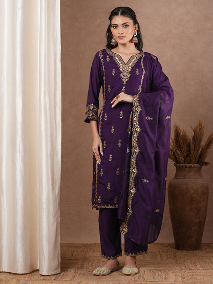 Solid Ethnic Zari Embroidered Straight Kurta with Salwar & Dupatta - Purple