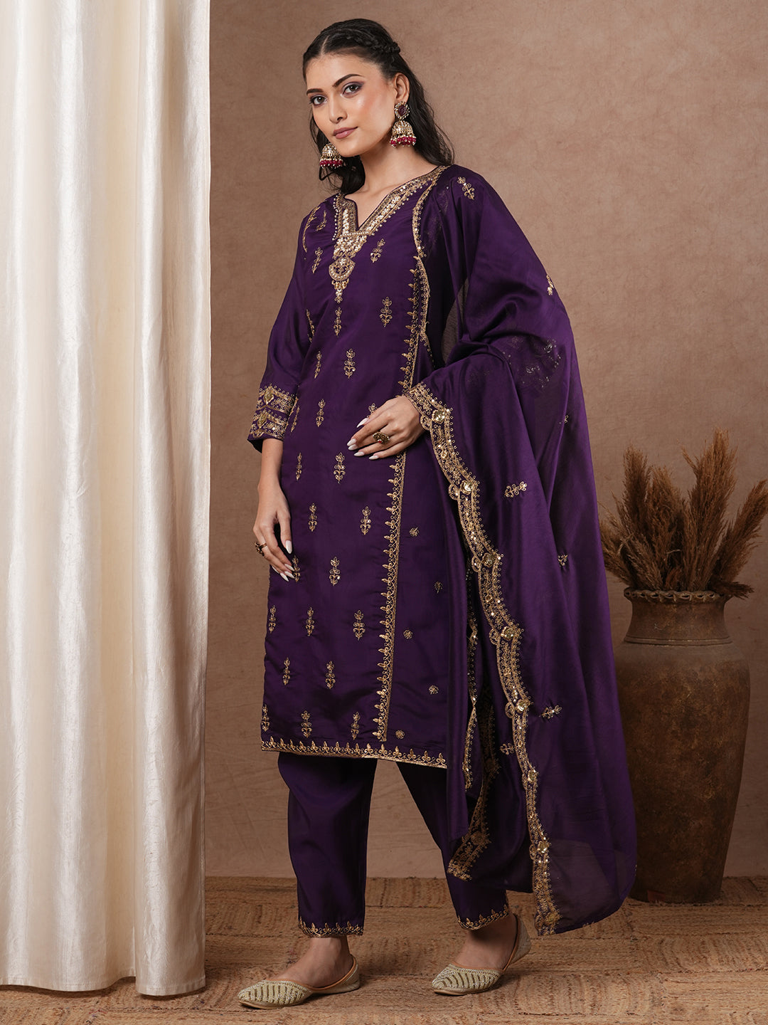 Solid Ethnic Zari Embroidered Straight Kurta with Salwar & Dupatta - Purple