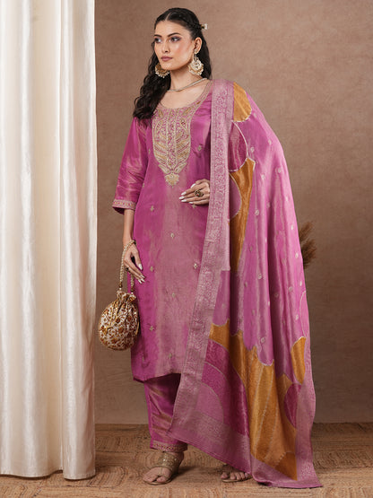 Solid Ethnic Embroidered Straight & Tissue Kurta with Pants & Dupatta - Pink