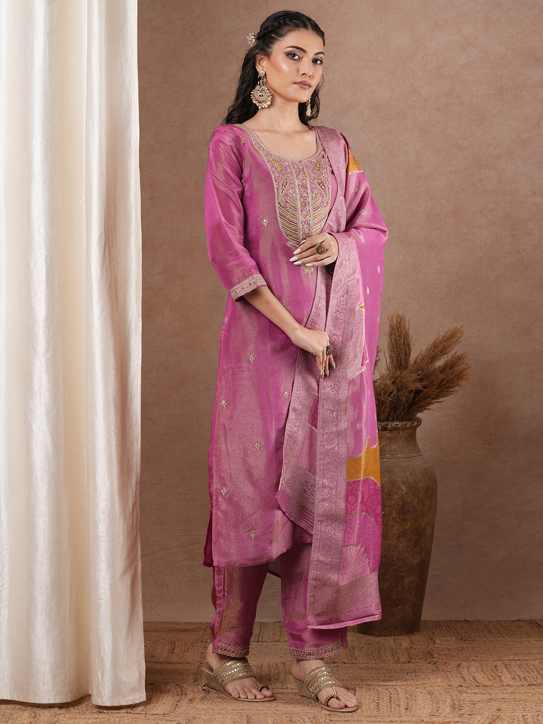 Solid Ethnic Embroidered Straight & Tissue Kurta with Pants & Dupatta - Pink