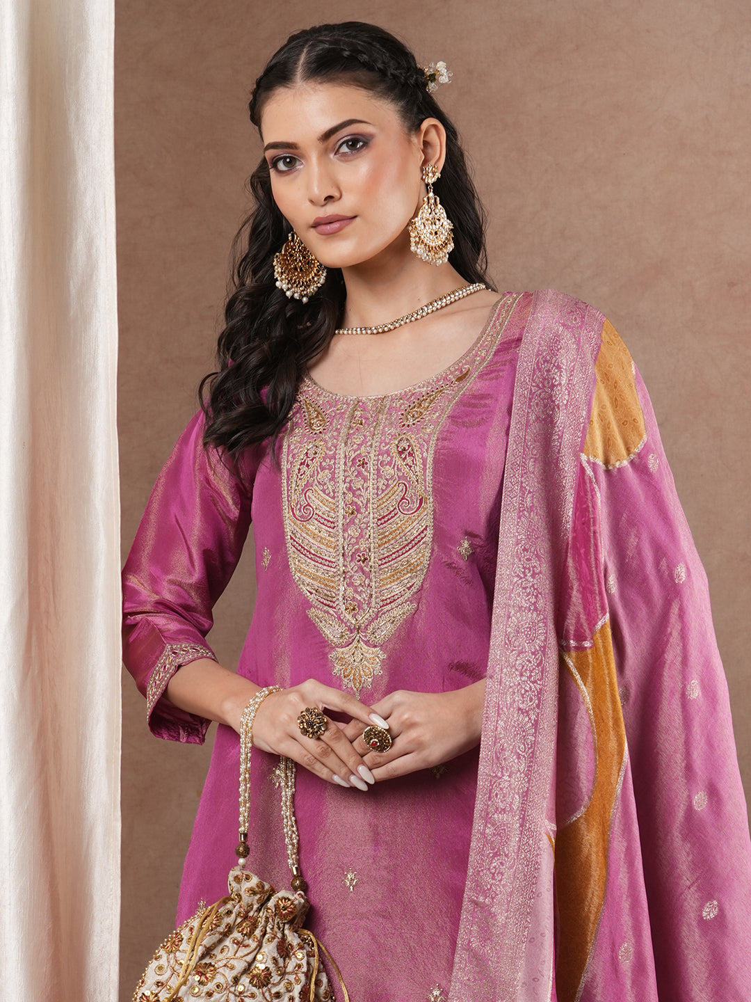 Solid Ethnic Embroidered Straight & Tissue Kurta with Pants & Dupatta - Pink