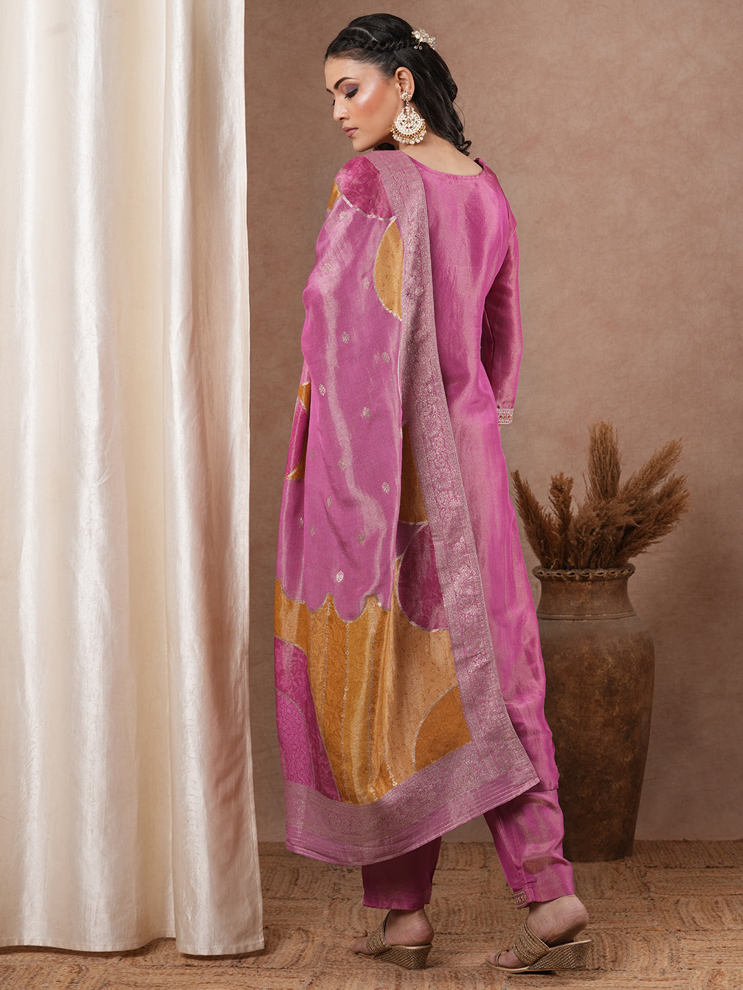 Solid Ethnic Embroidered Straight & Tissue Kurta with Pants & Dupatta - Pink