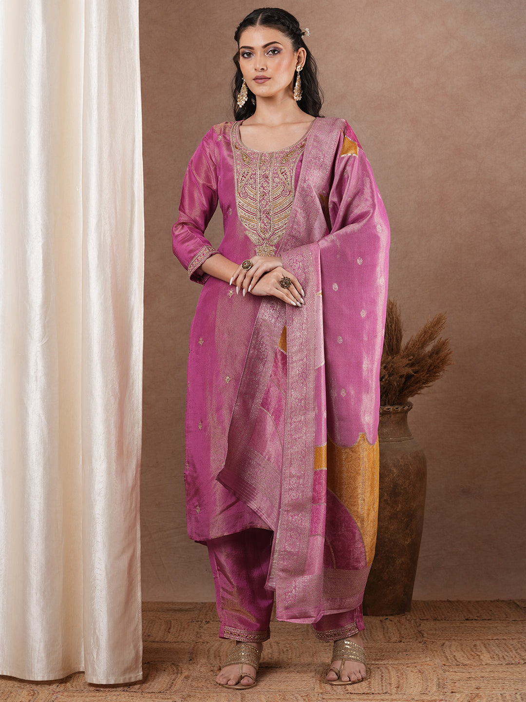 Solid Ethnic Embroidered Straight & Tissue Kurta with Pants & Dupatta - Pink