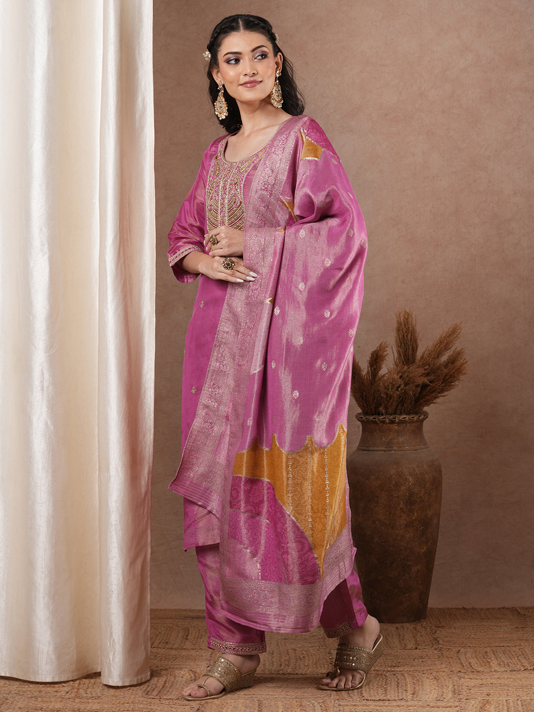 Solid Ethnic Embroidered Straight & Tissue Kurta with Pants & Dupatta - Pink