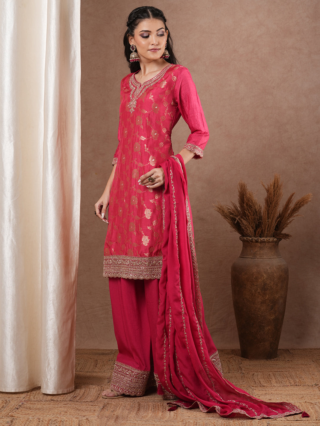 Ethnic Embroidered Jacquard Straight Kurta with Palazzo & Dupatta - Pink