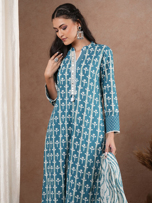 Ethnic Printed & Embroidered Straight Fit Kurta with Palazzo and Dupatta - Blue