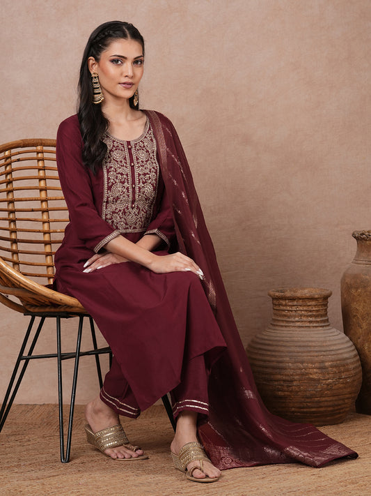 Solid Ethnic Floral Embroidered Straight Kurta with Pant & Dupatta - Maroon