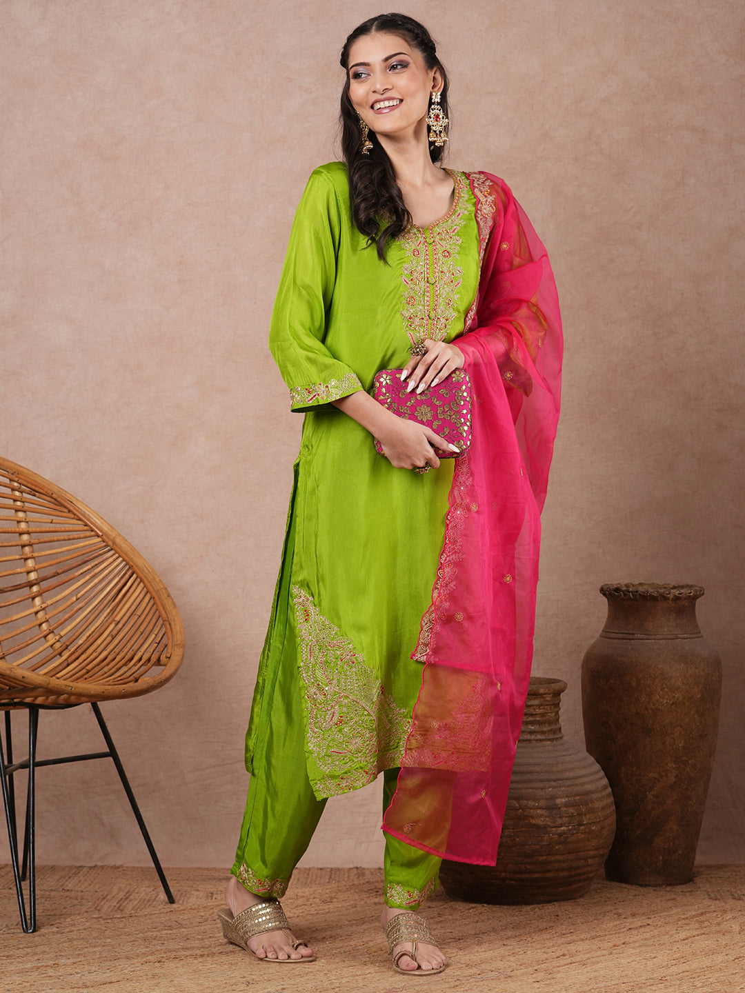 Solid Floral Embroidered Straight Fit Kurta with Pant and Dupatta - Green