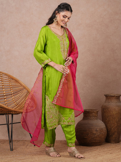 Solid Floral Embroidered Straight Fit Kurta with Pant and Dupatta - Green