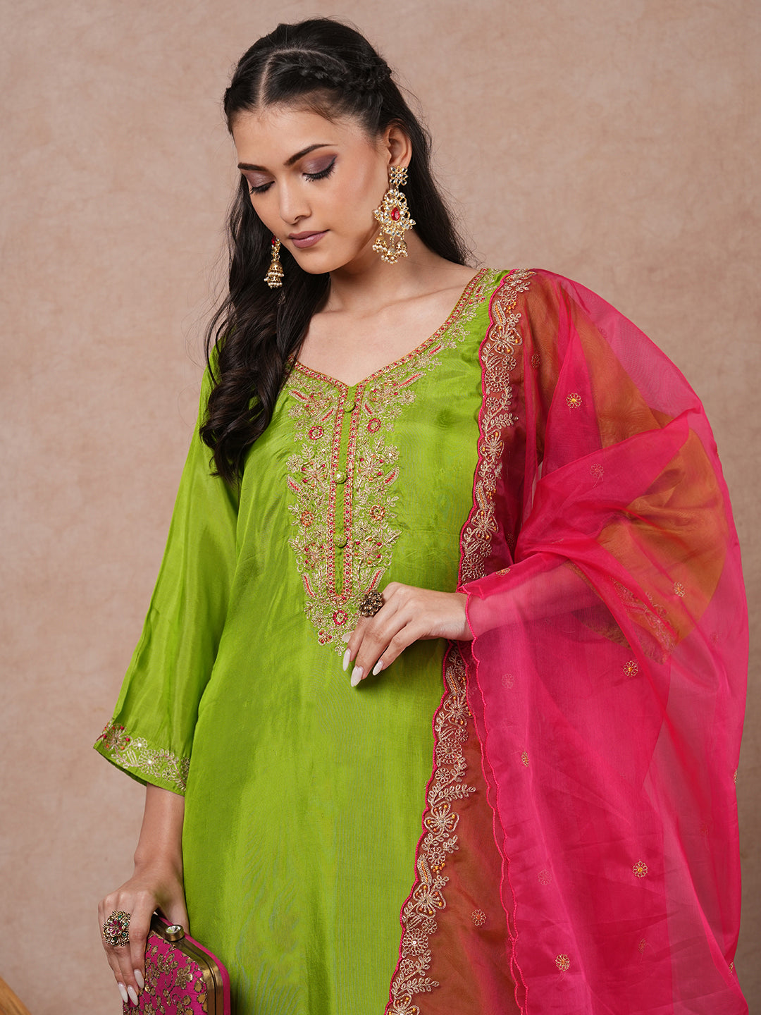 Solid Floral Embroidered Straight Fit Kurta with Pant and Dupatta - Green