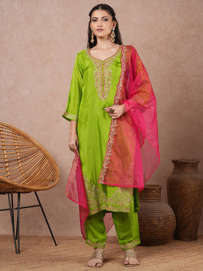 Solid Floral Embroidered Straight Fit Kurta with Pant and Dupatta - Green