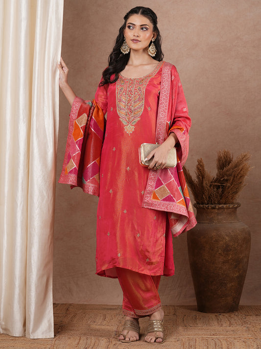 Solid Ethnic Floral Embroidered Straight Kurta with Pant & Dupatta - Peach