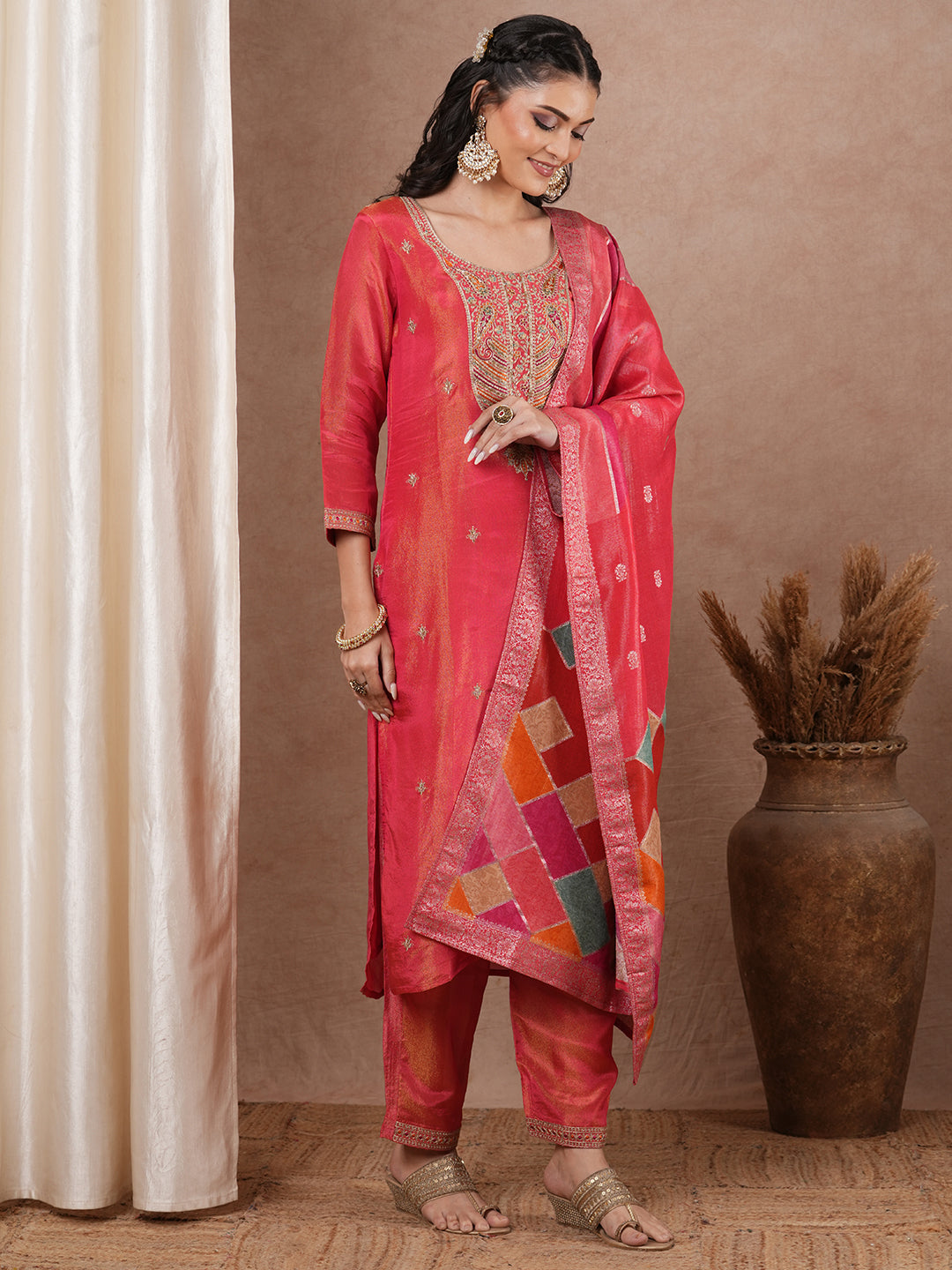 Solid Ethnic Floral Embroidered Straight Kurta with Pant & Dupatta - Peach