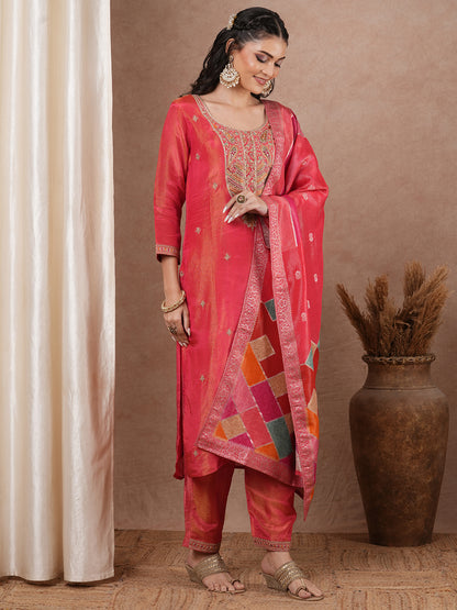 Solid Ethnic Floral Embroidered Straight Kurta with Pant & Dupatta - Peach