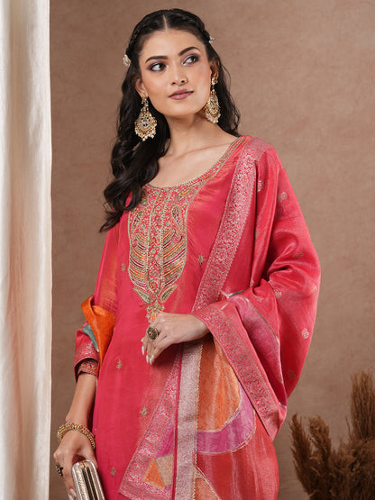 Solid Ethnic Floral Embroidered Straight Kurta with Pant & Dupatta - Peach